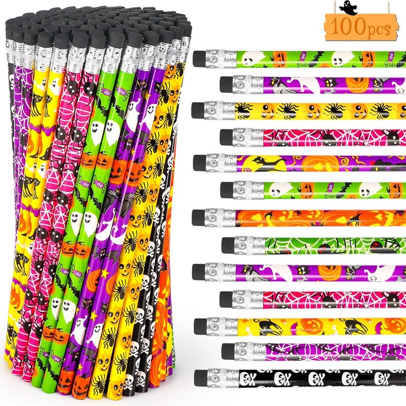HINZER 100PCS Halloween Pencils for Kids Toddlers halloween Party Favors Colored Pencil with Eraser Assorted Pattern Pens Halloween School Stduents Gifts Classroom Prizes Trick or Treat Goodies Bags Filler - Image 1